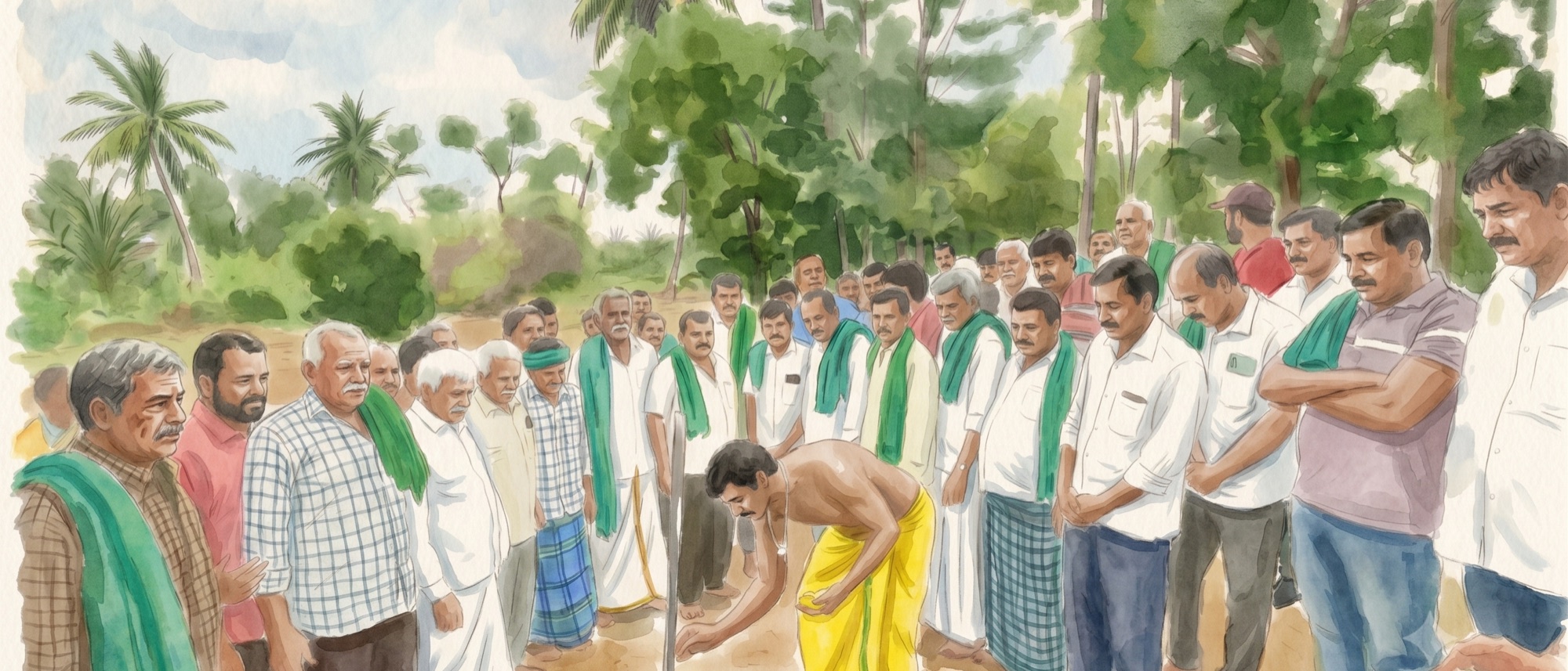 Watercolour: farmers in green shawls under coconut palms near Melukote