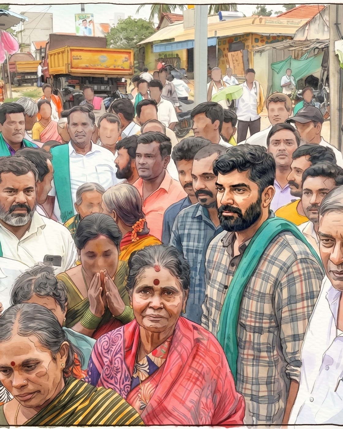 Watercolour of a village street near Melukote — a crowd of members, women in saris at the front, tiled roofs behind