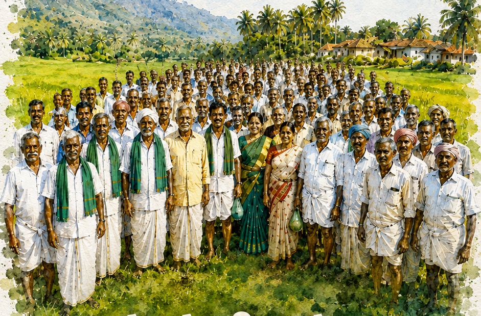 Watercolour of Melukote's farmers standing together in a field, green shawls on, hills and red roofs behind
