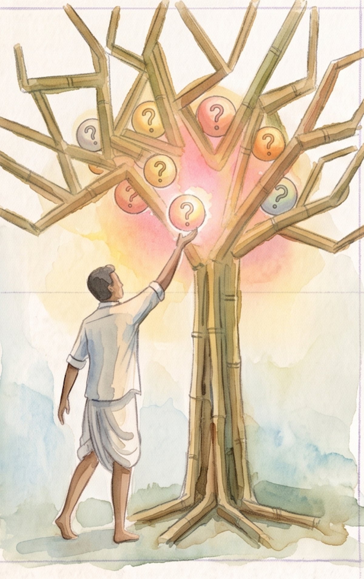 Illustration: a man reaching up to a bamboo tree with the sun in its branches