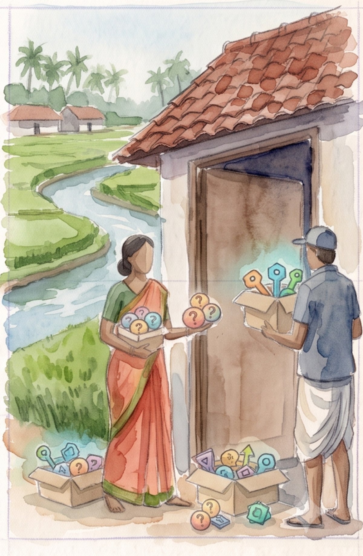 Illustration: a woman receiving a parcel at the door of a tiled-roof house
