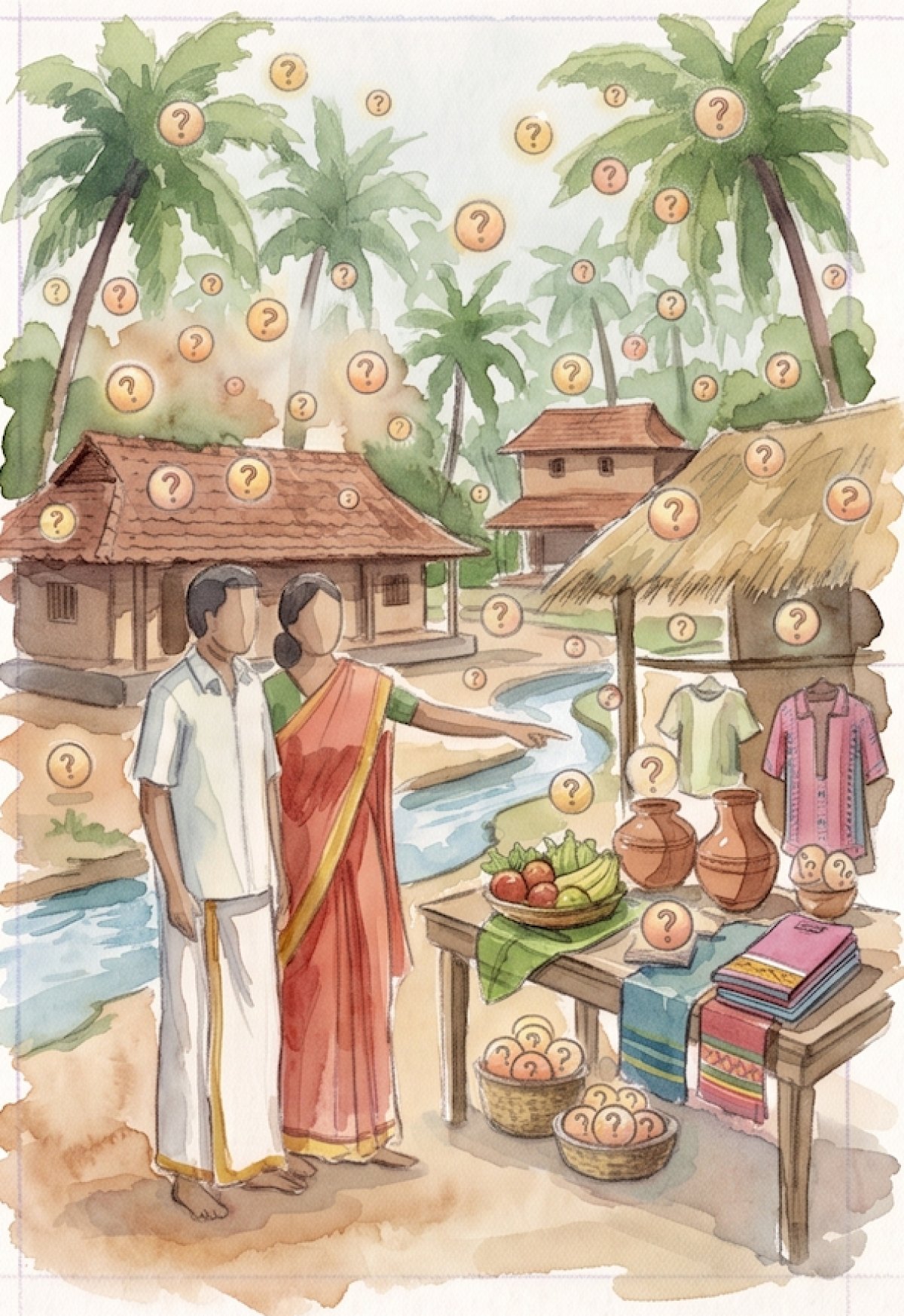 Illustration: a couple at a village stall of fruit, pots and cloth, palms and a stream behind